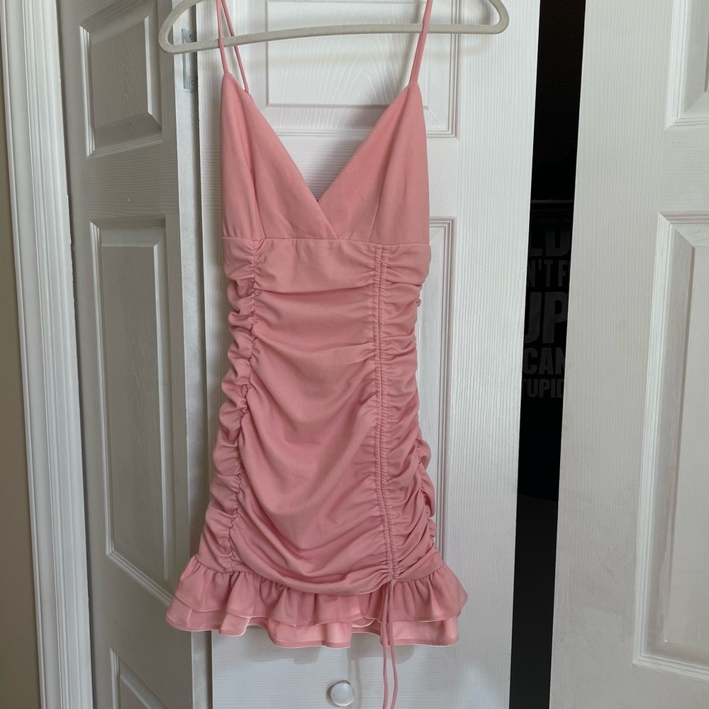 Mini Fitted Pink Dress Ruffle Hem